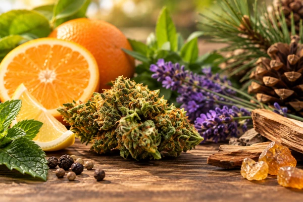 Fleur de CBD bio entourée d'agrumes, de lavande et de plantes aromatiques