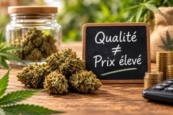 Fleurs de CBD avec pièces de monnaie illustrant le rapport qualité/prix