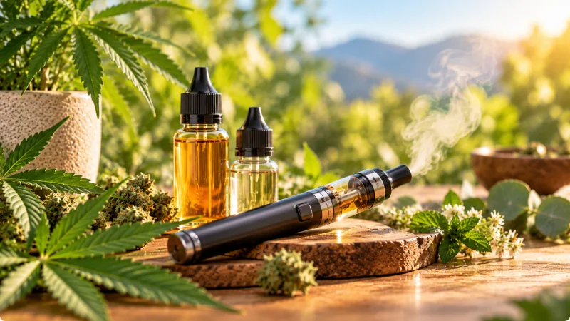 Flacons d’e-liquide CBD et cigarette électronique sur une table en bois, dans une ambiance végétale.