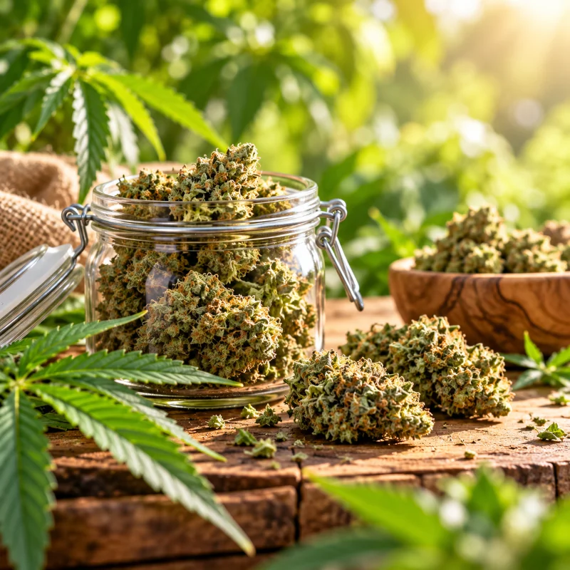 Fleurs de CBD dans un bocal en verre avec feuilles de chanvre