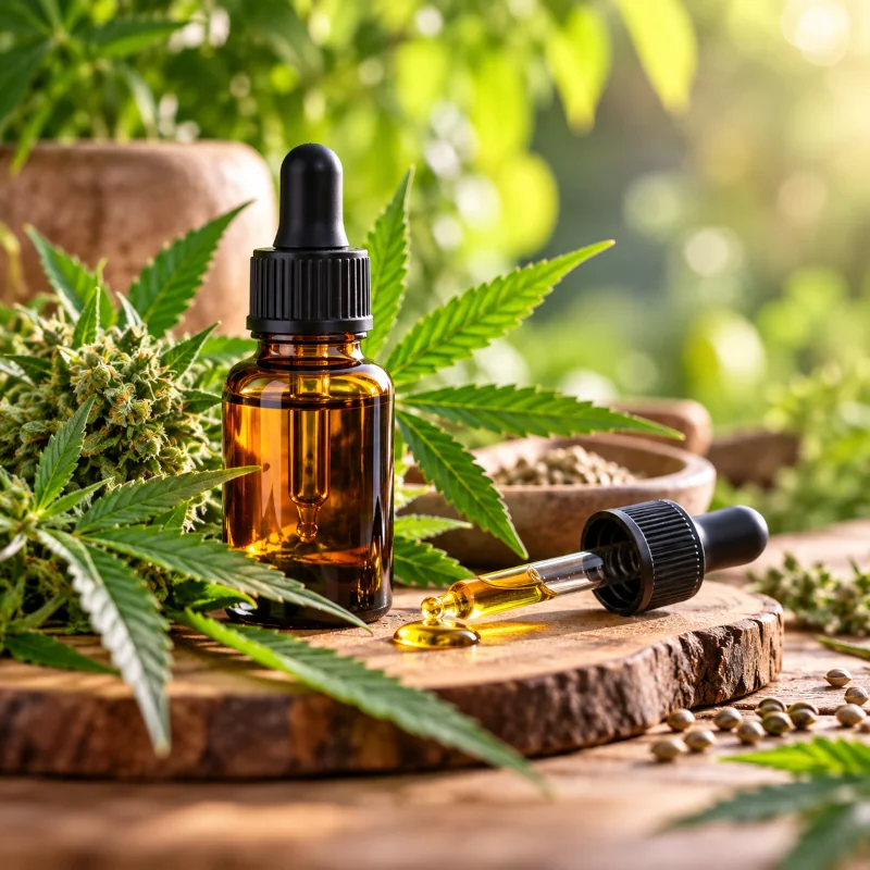 Flacon d’huile CBD avec pipette et feuilles de chanvre