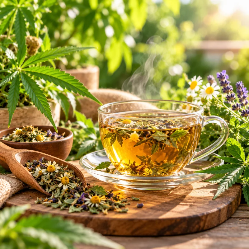 Infusion CBD aux plantes avec feuilles de chanvre